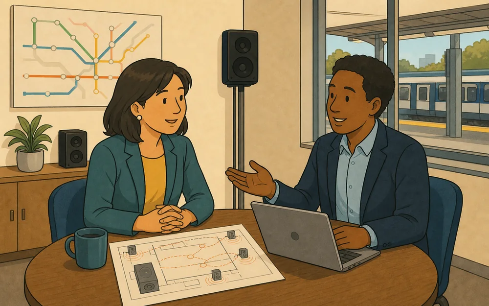 Two professionals discussing a multilingual public-address system near a transit station