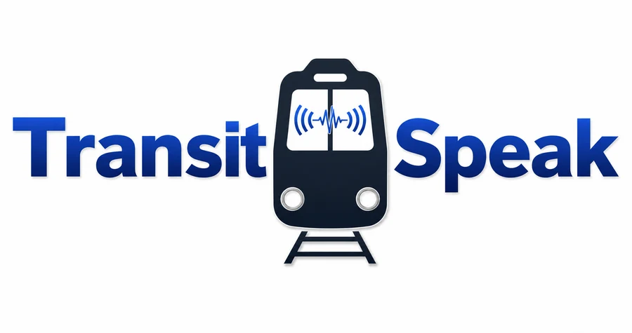 TransitSpeak logo featuring a front-facing train and sound waves