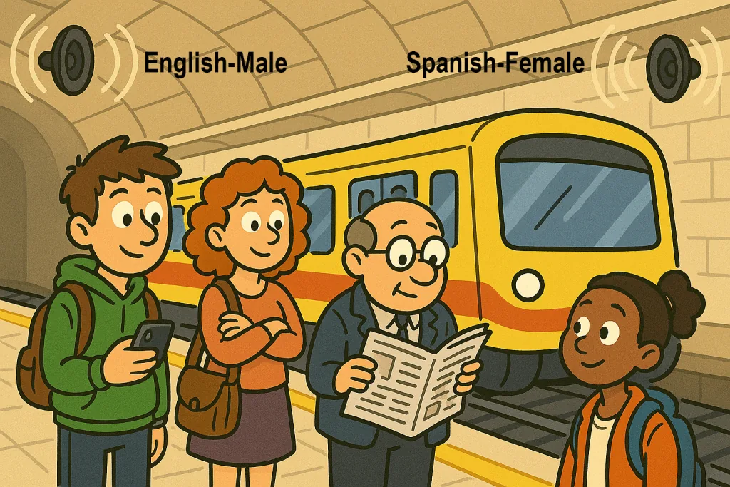 Mass transit passengers listening to multilingual announcements.
