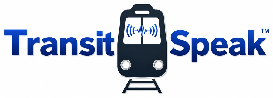 TransitSpeak logo featuring a front-facing train, sound waves, and trademark symbol